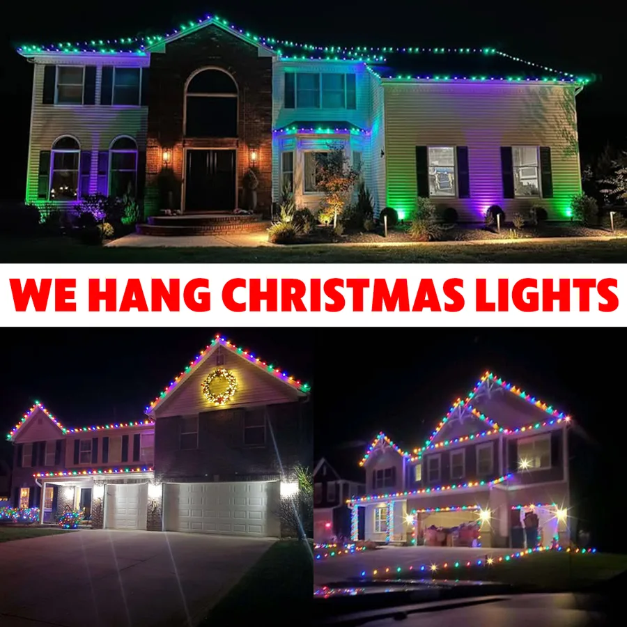 A Meta ad for a Christmas light installation company, headlined We Hang Christmas Lights, showing three night photos of houses lit in multicolor bulbs and colored floodlighting