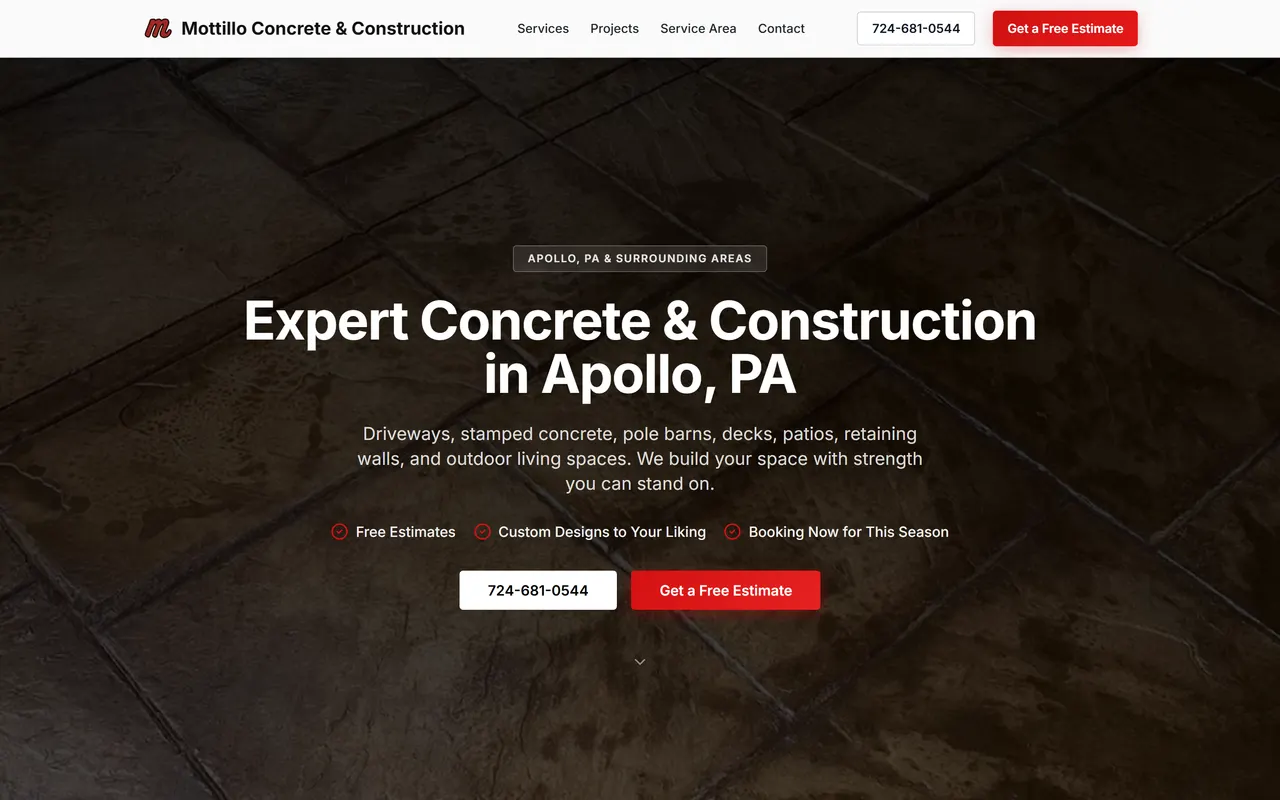 The Mottillo Concrete and Construction website homepage, a custom concrete and hardscape contractor in Apollo, Pennsylvania