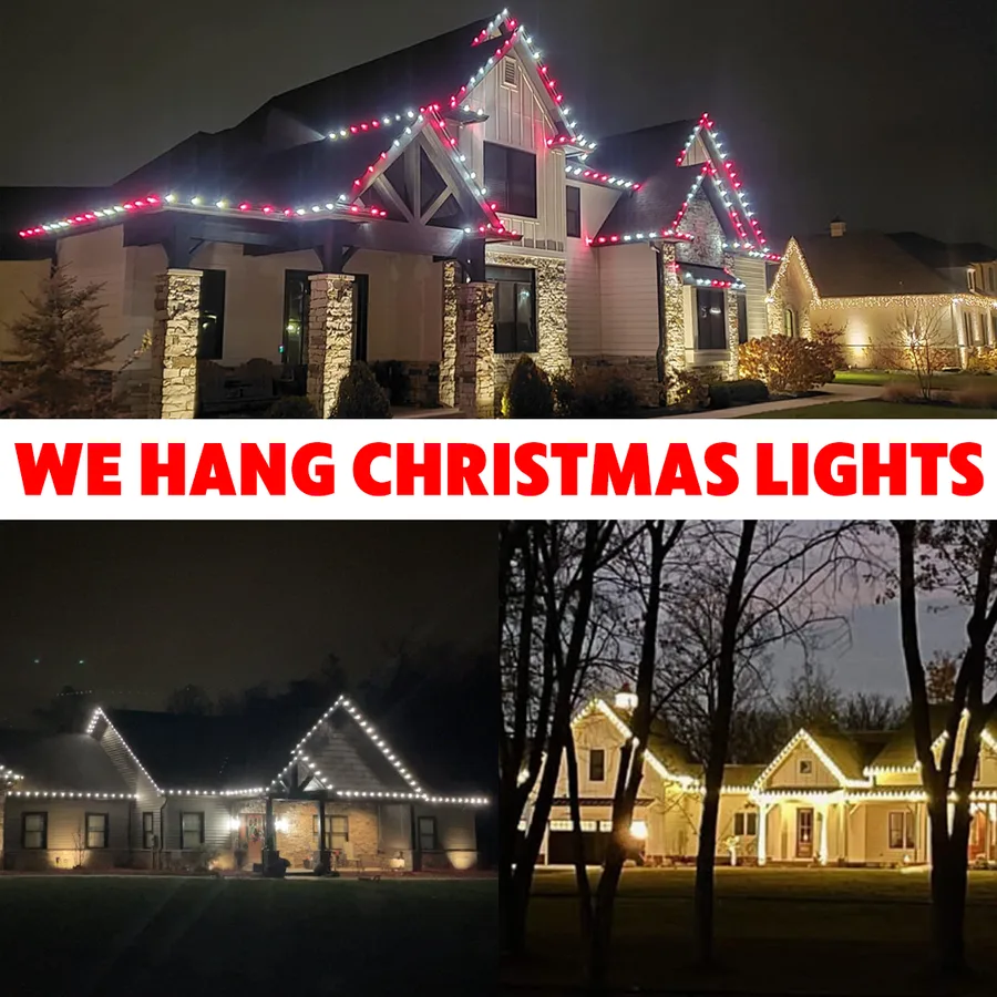 A Meta ad for a Christmas light installation company, headlined We Hang Christmas Lights, showing three night photos of houses with rooflines and peaks outlined in red and warm white bulbs