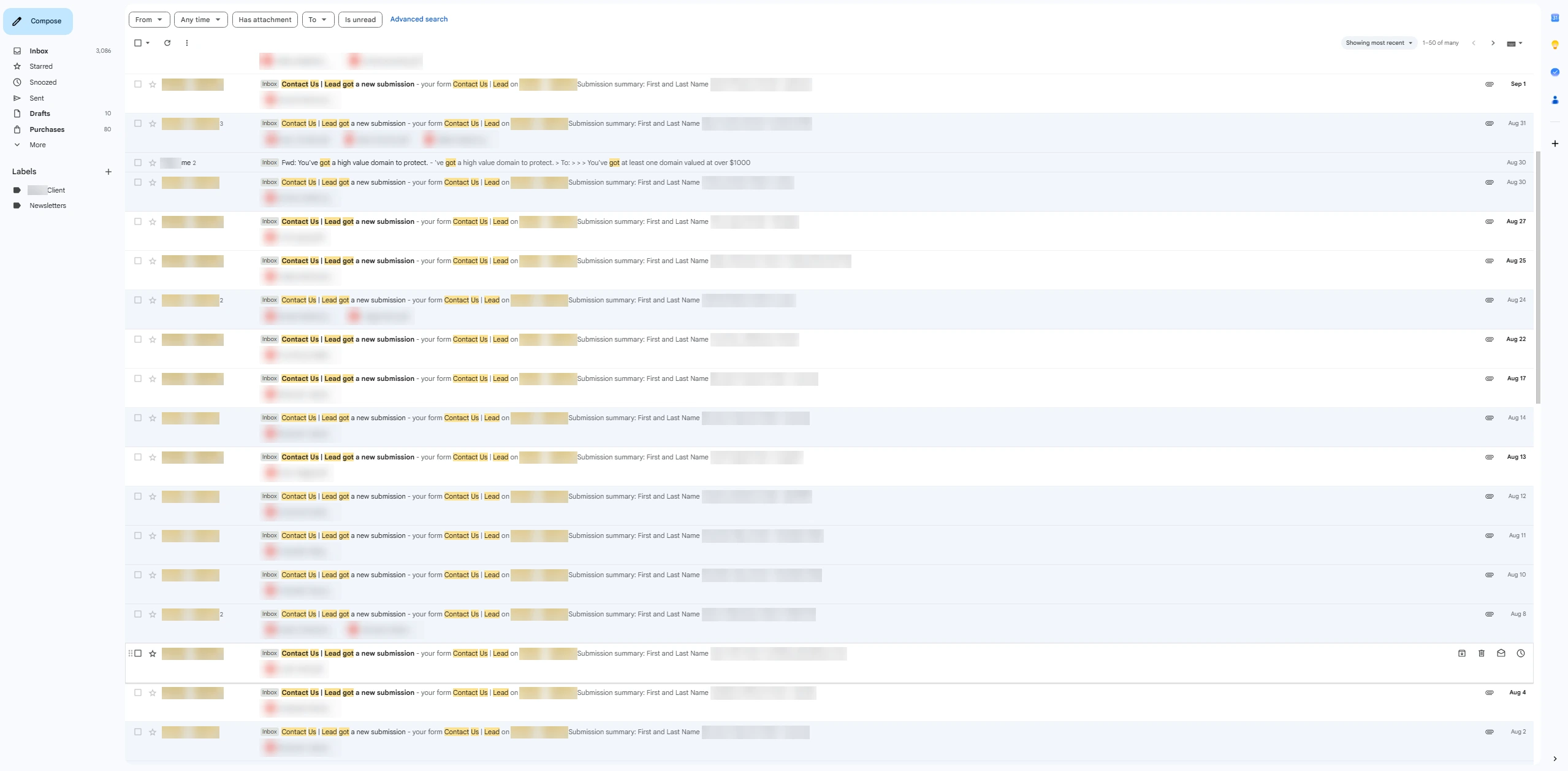 An inbox full of new quote form submissions from a client's website, Aug 2 to Sep 1, with every name and detail blurred