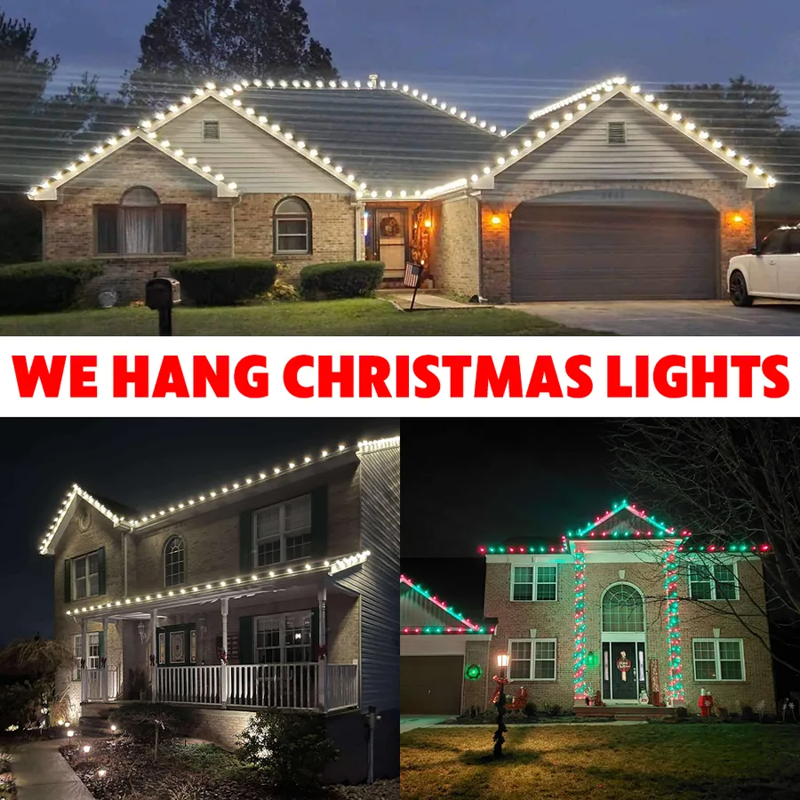 A Meta ad for a Christmas light installation company, headlined We Hang Christmas Lights, showing three night photos of houses outlined in warm white bulbs, one in red and green