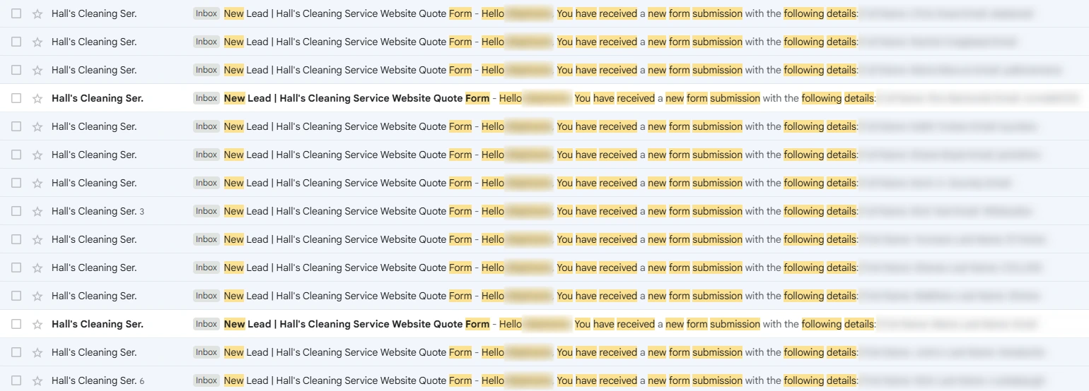 New lead emails from the Hall's Cleaning Service website quote form, with every name and detail blurred