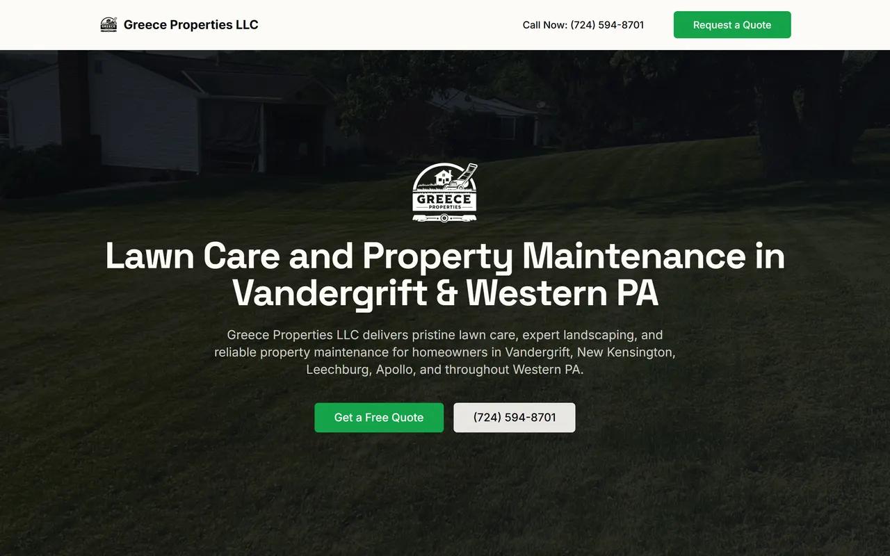 The Greece Properties LLC website homepage, a lawn care and landscaping company serving Western Pennsylvania