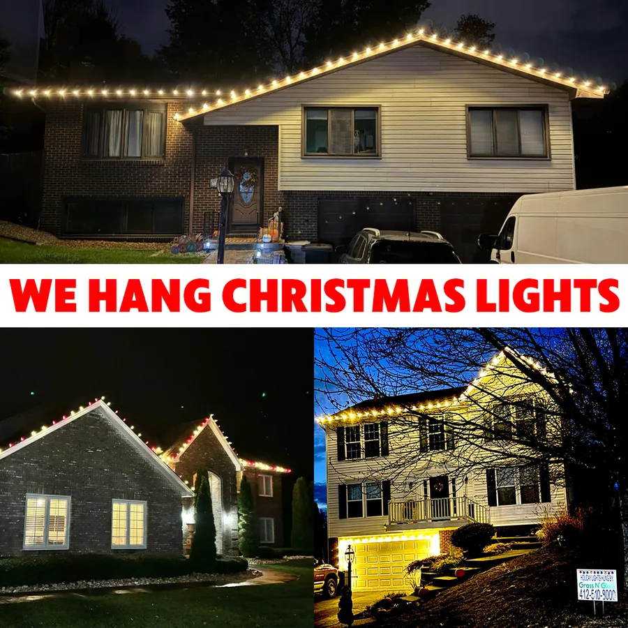 A Meta ad for a Christmas light installation company, headlined We Hang Christmas Lights, showing three night photos of houses with rooflines outlined in warm white bulbs at dusk