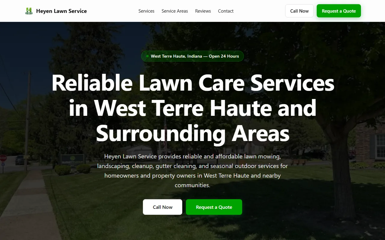 The Heyen Lawn Service website homepage, a lawn care company in West Terre Haute, Indiana