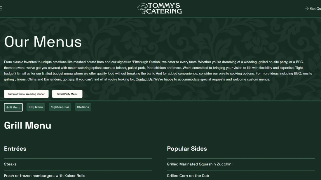 Tommy's Catering menus page
