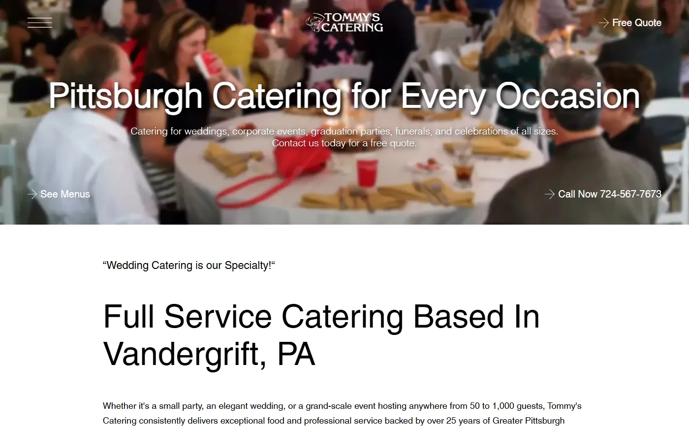 The new Tommy's Catering home page built by 945 Studios